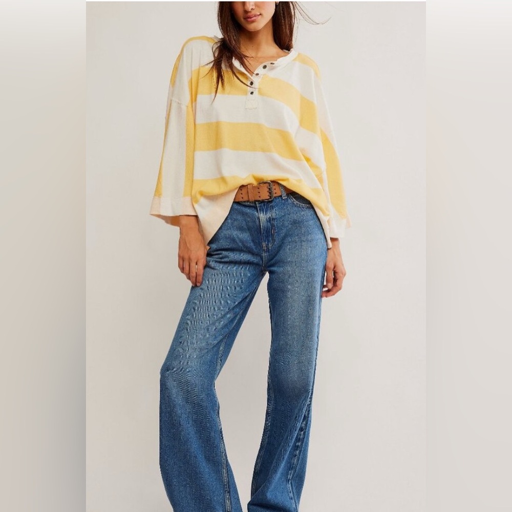 Free People Yellow and Cream Striped Henley Jersey - Picture 2 of 11